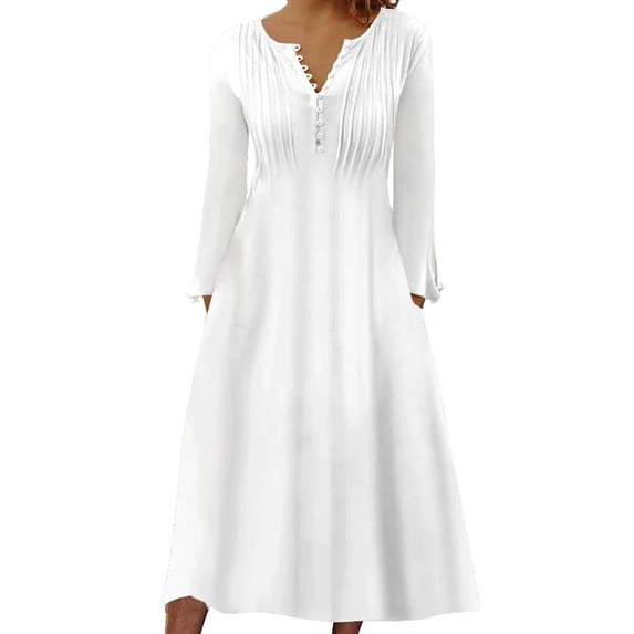 IROINNID Maxi Dress for Women Round Neck Long Sleeve Buttoned Folding Printed Dresses Savings,White