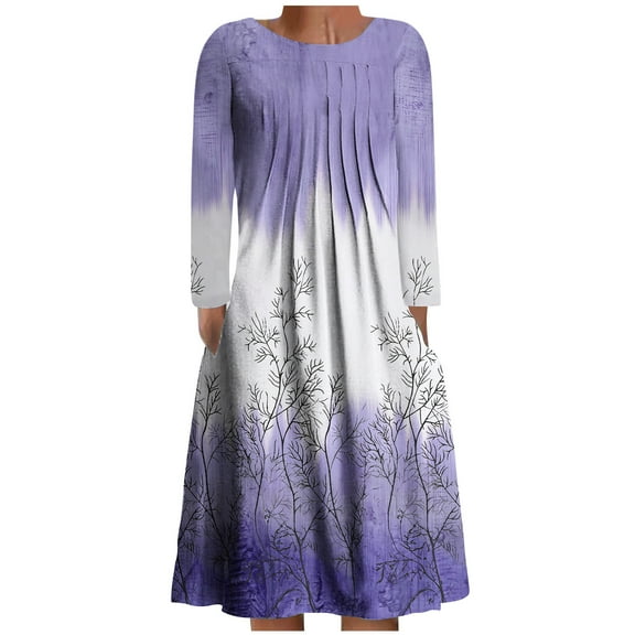 IROINNID Maxi Dress for Women Round Neck Long Sleeve Folding Floral Printed Oversized Dresses,Purple