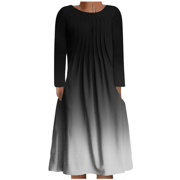 IROINNID Maxi Dress for Women Round Neck Long Sleeve Folding Floral Printed Plus Size Dresses ,Black