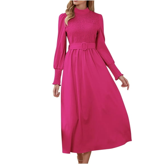IROINNID Maxi Dress for Women Round Neck Long Sleeve Pleated A-line Solid Color Dress ,Hot Pink