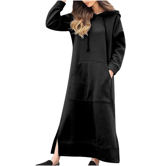 IROINNID Maxi Dress for Women Round Neck Winter Warm Color Long Sleeve Pocket Long Dress ,Black