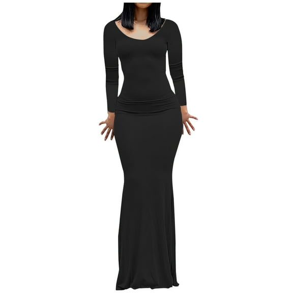 IROINNID Maxi Dress for Women Buttocks Round-Neck Solid Slimming Long Sleeve Dress,Black