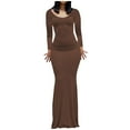 thumbnail image 1 of IROINNID Maxi Dress for Women Sexy Buttocks Round-Neck Solid Slimming Long Sleeve Dress,Brown, 1 of 8