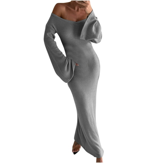 IROINNID Maxi Dress for Women Sexy Slim Long Sleeve Knitted Long Dress Fall and Winter Stripe Bottom Fishtail Dress Sales,Gray