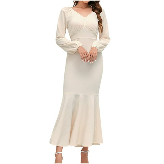 IROINNID Maxi Dress for Women Sexy Vintage V Neck Long Sleeve Solid Mermaid Skirt Dresses Deals,Beige