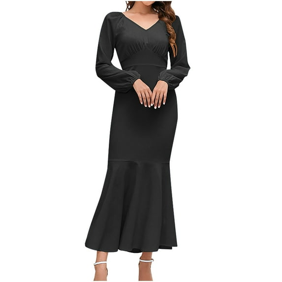 IROINNID Maxi Dress for Women Sexy Vintage V Neck Long Sleeve Solid Mermaid Skirt Dresses Deals,Black