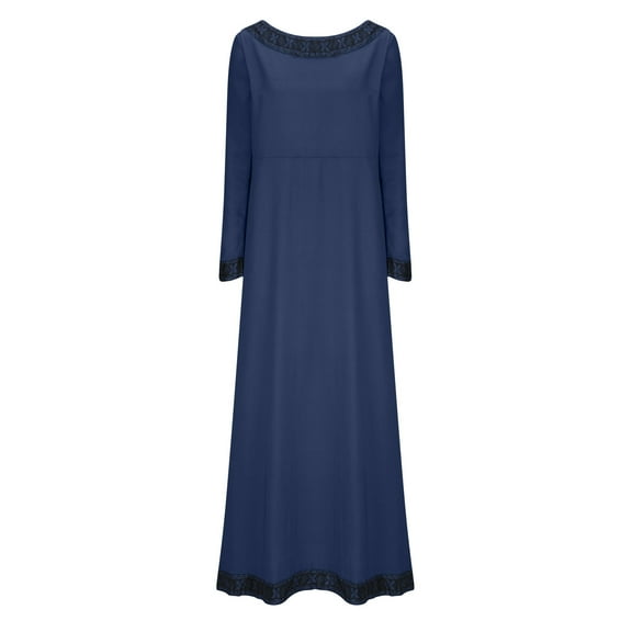 IROINNID Maxi Dress for Women Slimming Round Neck Long Sleeve Medieval Long Dresses ,Navy