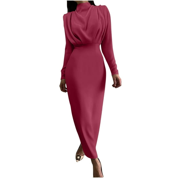 IROINNID Maxi Dress for Women Solid Color Long Sleeve Waist In Fallow Commuting Long Dress,Burgundy