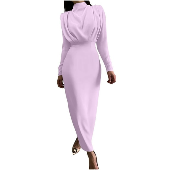 IROINNID Maxi Dress for Women Solid Color Long Sleeve Waist In Fallow Commuting Long Dress,Purple