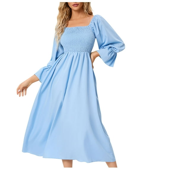 IROINNID Maxi Dress for Women Solid Color Mid-length Dress Bubble Sleeves To Beat The Dress Savings,Blue