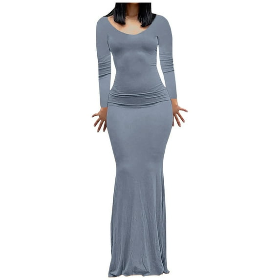 IROINNID Maxi Dress for Women Strapless Bodycon Dress Sexy Buttocks Round-Neck Slimming Long Sleeve Dress Reduced,Blue
