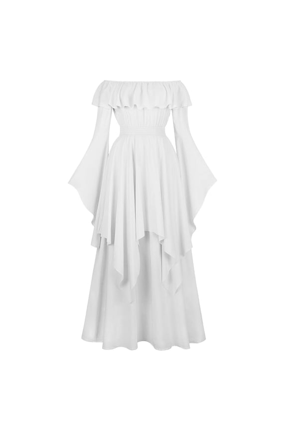 Maxi Dress for Women Strapless Round Neckline Empire Dress Retro Off Shoulder Long Sleeve High Waist Dresses ,White