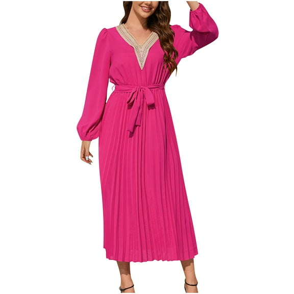 IROINNID Maxi Dress for Women Strapless V-Neck A-Line Dress V Neck Long Sleeve Solid Pleated Dresses ,Hot Pink