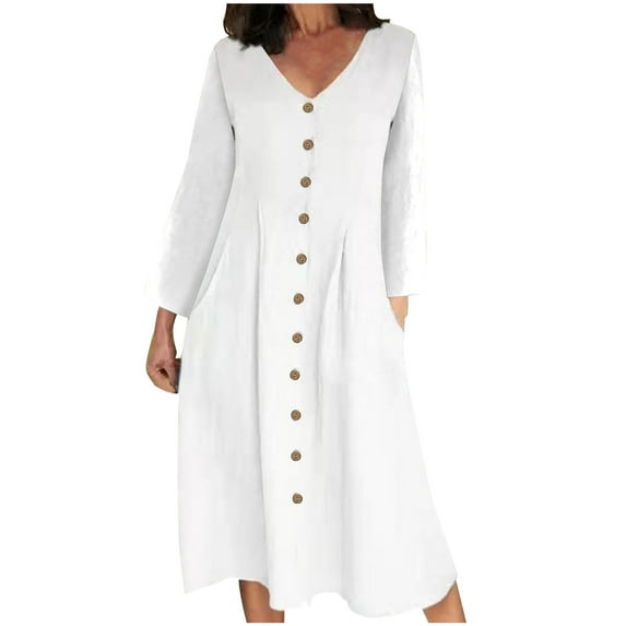IROINNID Maxi Dress for Women Strapless V-Neck Shift Dress V-Neck Solid Long Sleeve Button Knee-Length Dress,White