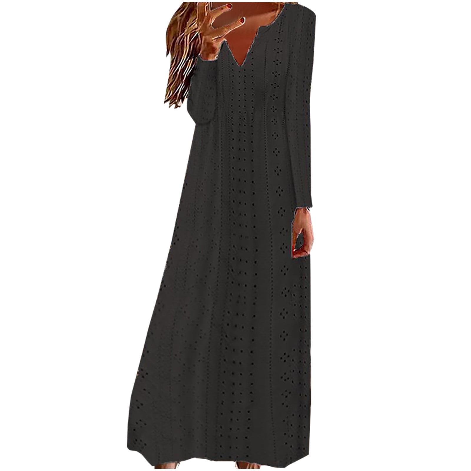 IROINNID Maxi Dress for Women Strapless V-Neck Shift Dress Winter V-Neck Long  Sleeve Button Long Dress ,Black - Walmart.com