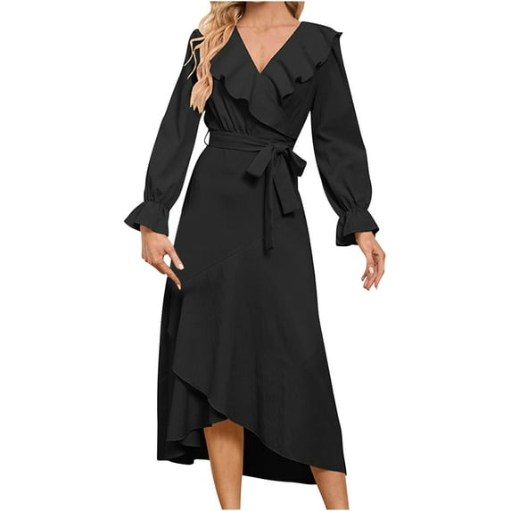 IROINNID Maxi Dress for Women Strapless V-Neck Wrap Dress Sexy Vintage V Neck Long Sleeve Solid Dresses Reduced,Black