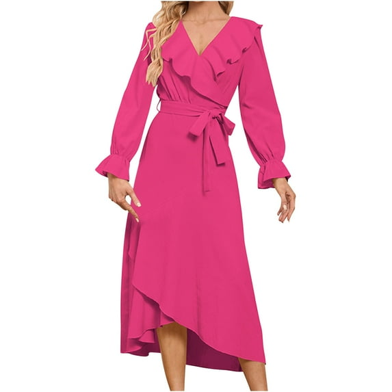 IROINNID Maxi Dress for Women Strapless V-Neck Wrap Dress Sexy Vintage V Neck Long Sleeve Solid Dresses Reduced,Hot Pink