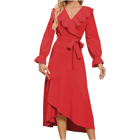 IROINNID Maxi Dress for Women Strapless V-Neck Wrap Dress Sexy Vintage V Neck Long Sleeve Solid Dresses Reduced,Red