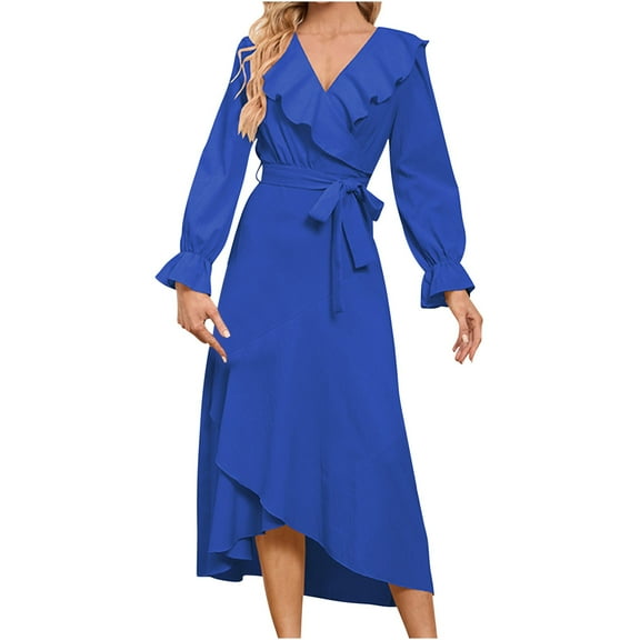 IROINNID Maxi Dress for Women Strapless V-Neck Wrap Dress Vintage V Neck Long Sleeve Solid Dresses ,Blue