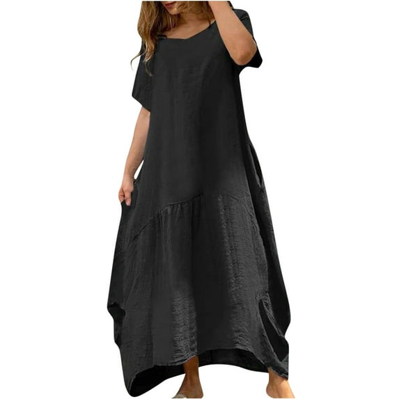IROINNID Maxi Dress for Women Summer Short Sleeve Solid Color Soft Comfortable Long Dress Deals,Black