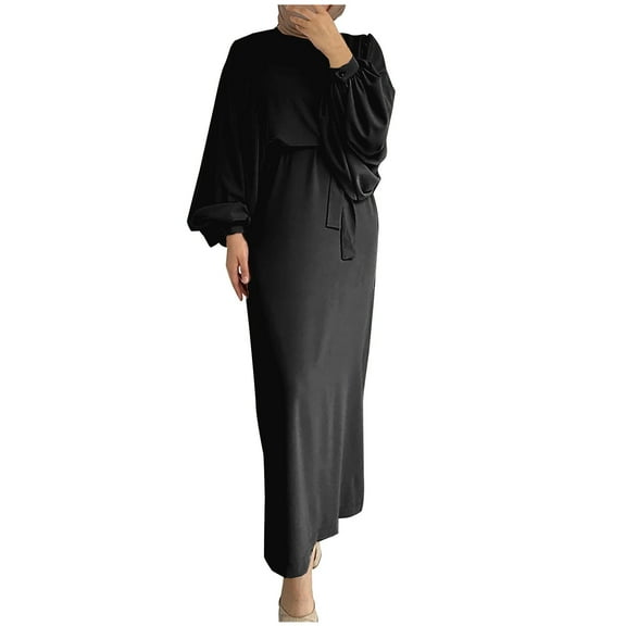 IROINNID Maxi Dress for Women The Winter Plus Size Round Neck Loose Long Sleeve Solid Dress,Black