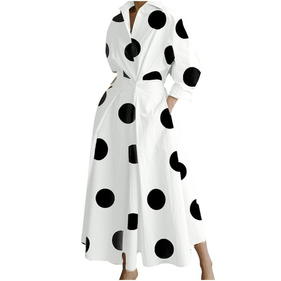 IROINNID Maxi Dress for Women Turn-down Collar Long Sleeve Waist Printed Long Dresses ,White