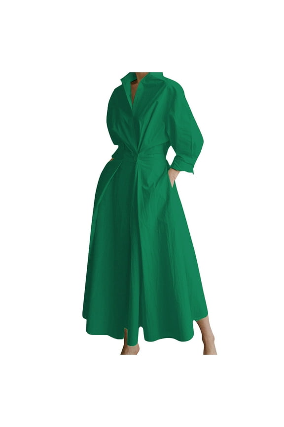 Maxi Dress for Women Turn-down Collar Long Sleeve Waist Solid Long Dresses ,Green