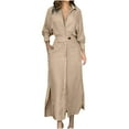 thumbnail image 1 of IROINNID Maxi Dress for Women Turndown Collar Loose Cotton Linen Long Sleeve Tightness High Waist Dress Sales,Beige, 1 of 6