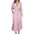 thumbnail image 1 of IROINNID Maxi Dress for Women Turndown Collar Loose Cotton Linen Long Sleeve Tightness High Waist Dress Sales,Pink, 1 of 6