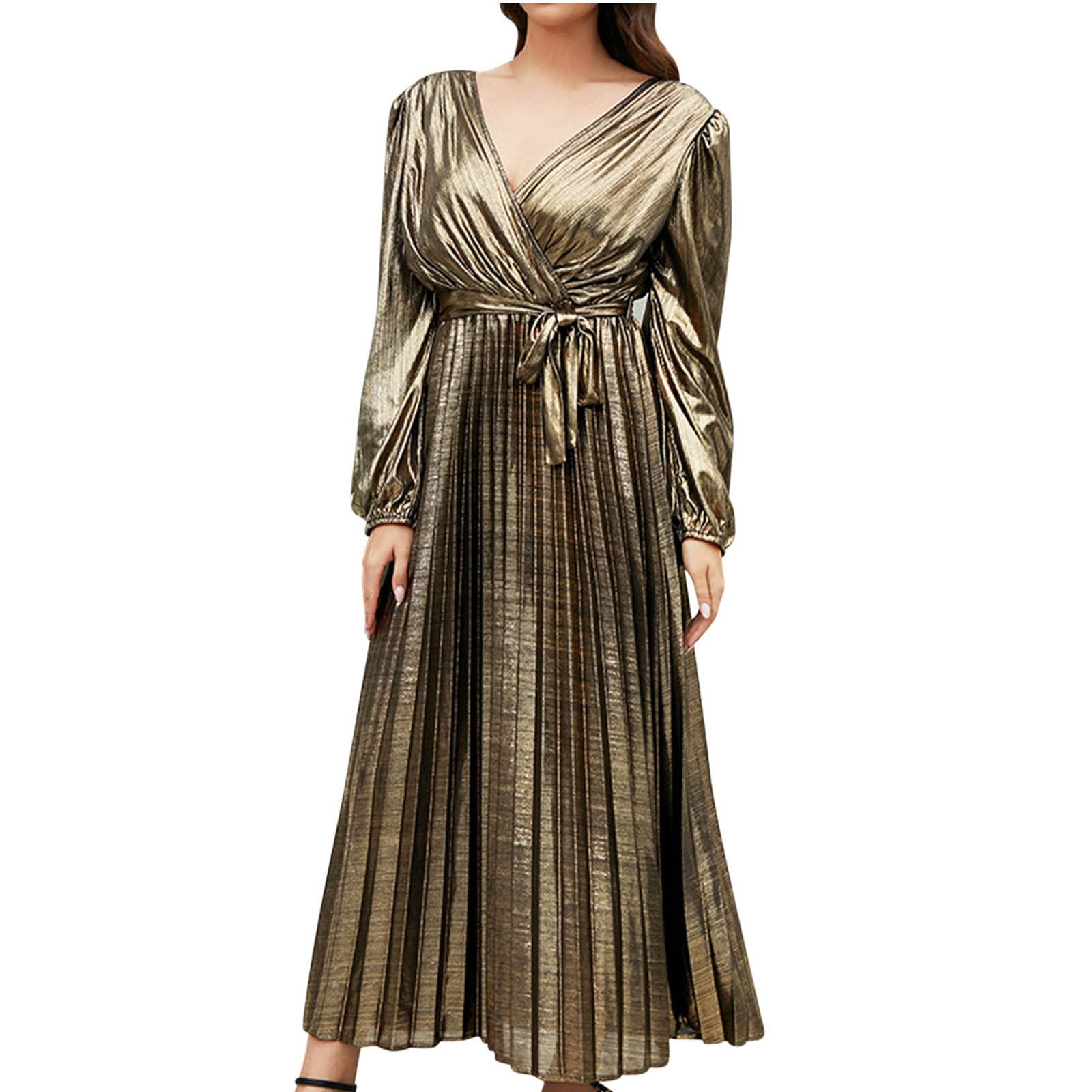 IROINNID Maxi Dress for Women V Neck Long Sleeve Solid Color Party Evening  Dresses ,Gold - Walmart.com