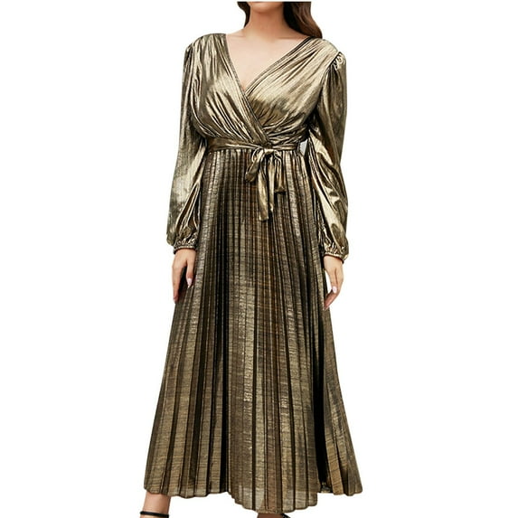 IROINNID Maxi Dress for Women V Neck Long Sleeve Solid Color Party Evening Dresses Reduced,Gold