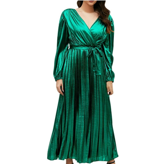IROINNID Maxi Dress for Women V Neck Long Sleeve Solid Color Party Evening Dresses Reduced,Green