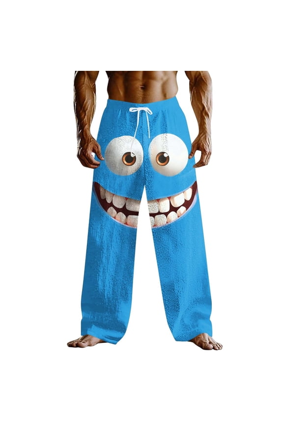 Men Cartoon Smile Face Print Drawstring Elastic Waist Loose Casual Pants Vacation Trousers