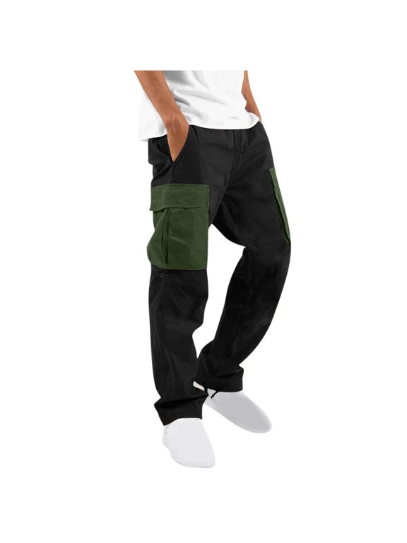 Men Color Block Patchwork Multi-Pocket Straight Leg Cargo Pants Adjustable Ankle Utility Trousers