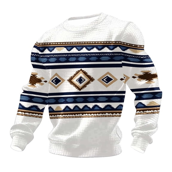 IROINNID Men Honeycomb Waffle Knit Southwest Tribal Geometric All Over Print Crew Neck Long Sleeve Relaxed Retro Streetwear Pullover Top(Multicolor,S)