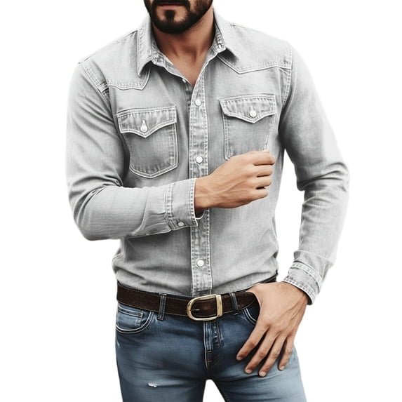 IROINNID Men Lightweight Stretch Denim Style Turn Down Collar Long Sleeve Button Front Shirt Dual Flap Chest Pockets Relaxed Fit Western Casual Daily Layering Top(Gray,M)