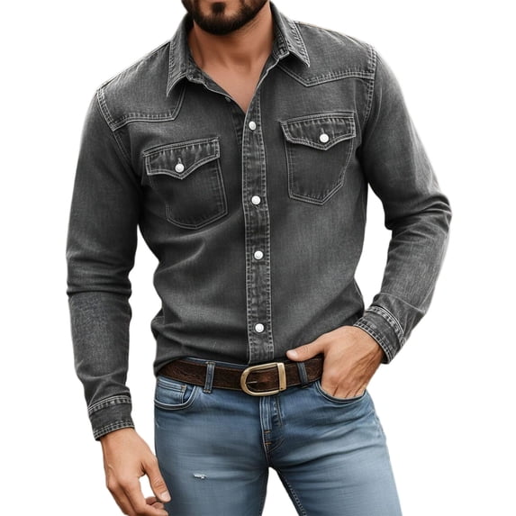 IROINNID Men Lightweight Stretch Denim Style Turn Down Collar Long Sleeve Button Front Shirt Dual Flap Chest Pockets Relaxed Fit Western Casual Daily Layering Top(Black,M)