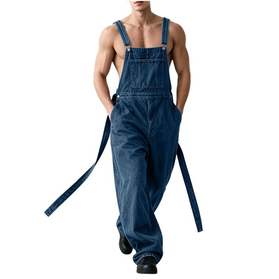 IROINNID Men Non-Stretch Denim Bib Overalls Multi-Pocket Strap Decor Wide Leg Utility Jumpsuit Pants