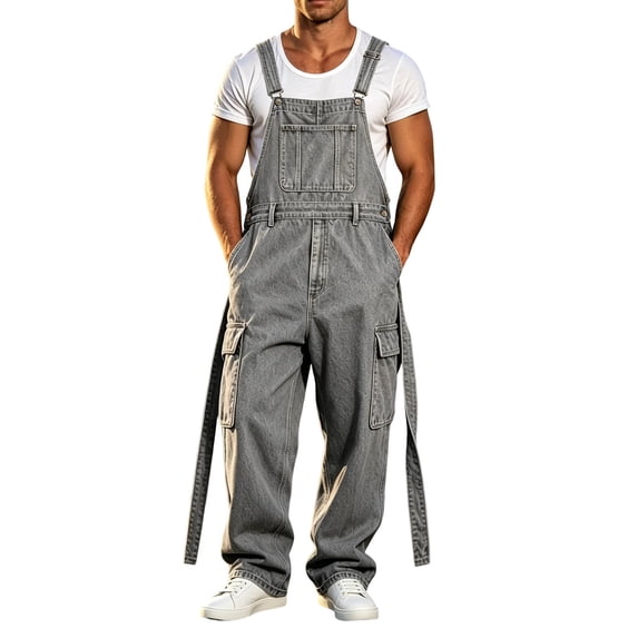 IROINNID Men Non-Stretch Denim Bib Overalls Multi-Pocket Strap Decor Wide Leg Utility Jumpsuit Pants
