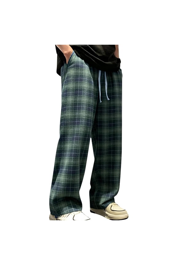Men Plaid Check Drawstring Elastic Waist Casual Pants with Pockets Relaxed Fit Trousers