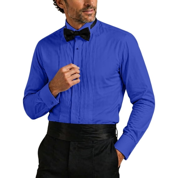 IROINNID Men Pleated Front Turndown Collar Button Front Long Sleeve Tuxedo Dress Shirt with Matching Bow Tie formal Wedding Banquet Ceremony Top(Blue,S)
