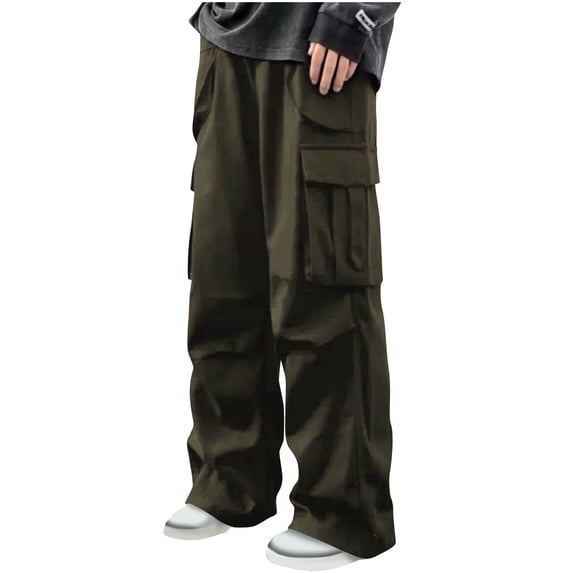 IROINNID Men Solid Multi-Pocket Wide Leg Cargo Pants Loose Casual Streetwear Trousers