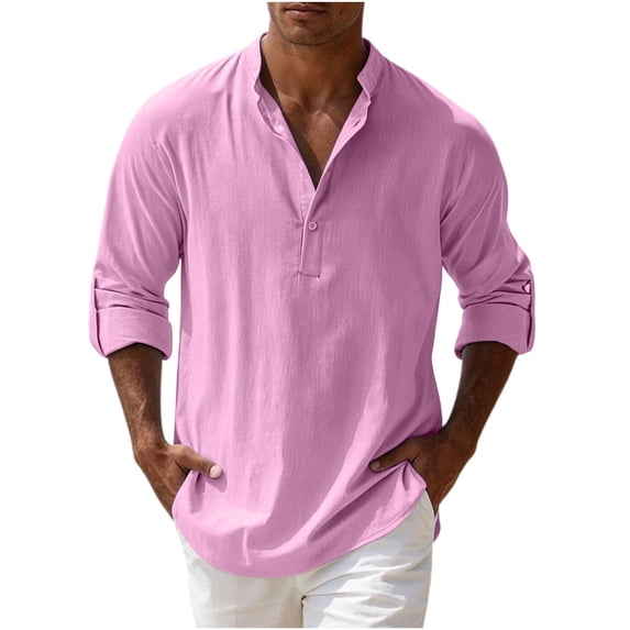 IROINNID Men Solid Slub Linen Blend Mandarin Collar Half Button Henley Shirt Roll Tab Adjustable Long Sleeve Loose Breathable Casual Vacation Pullover Top(Pink,M)Blouses & Tops