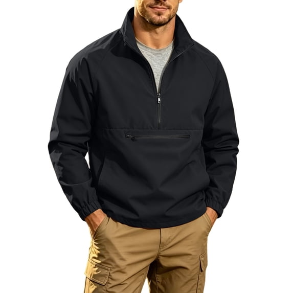 IROINNID Men Solid Stand Collar Half Zip Pullover Wind Jacket, Zip Chest Pocket Elastic Cuff Raglan Lightweight Outdoor Casual Top For Spring Autumn Daily Travel Hiking Wear(Black,2XL)