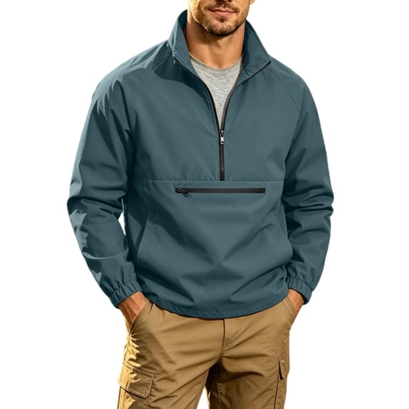 IROINNID Men Solid Stand Collar Half Zip Pullover Wind Jacket, Zip Chest Pocket Elastic Cuff Raglan Lightweight Outdoor Casual Top For Spring Autumn Daily Travel Hiking Wear(Blue,L)