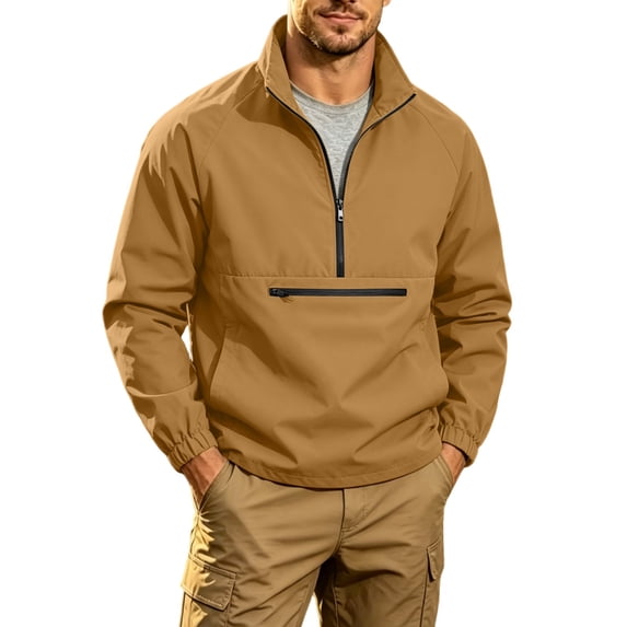 IROINNID Men Solid Stand Collar Half Zip Pullover Wind Jacket, Zip Chest Pocket Elastic Cuff Raglan Lightweight Outdoor Casual Top (Brown,XL)TopsBlouses & Tops