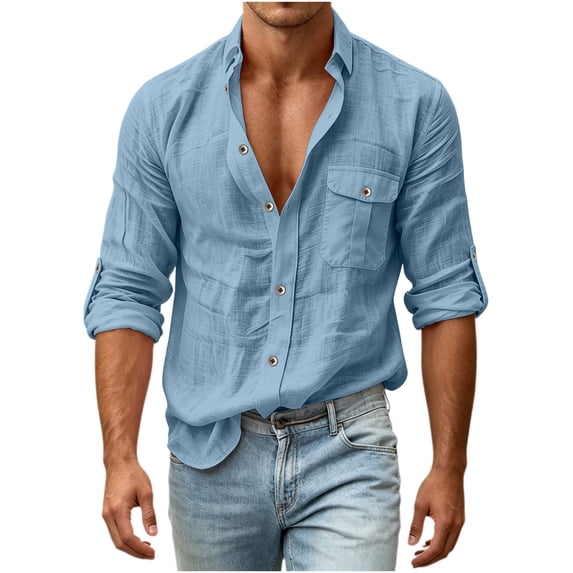 IROINNID Men Textured Slub Linen Blend Turn Down Collar Button Front Long Sleeve Shirt Single Chest Pocket Roll Tab Cuff Regular Fit Casual Daily Vacation Top(Blue,XL)