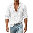 thumbnail image 1 of IROINNID Men Textured Slub Linen Blend Turn Down Collar Button Front Long Sleeve Shirt Single Chest Pocket Roll Tab Cuff Regular Fit Casual Daily Vacation Top(White,L), 1 of 8