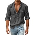 thumbnail image 1 of IROINNID Men Textured Slub Linen Blend Turn Down Collar Button Front Long Sleeve Shirt Single Chest Pocket Roll Tab Cuff Regular Fit Casual Daily Vacation Top(Dark Gray,M), 1 of 8