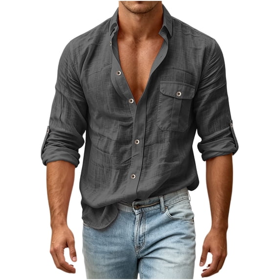 IROINNID Men Textured Slub Linen Blend Turn Down Collar Button Front Long Sleeve Shirt Single Chest Pocket Roll Tab Cuff Regular Fit Casual Daily Vacation Top(Dark Gray,M)